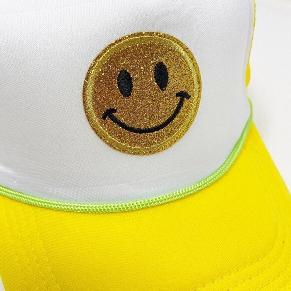 Yellow White Smiley Face Retro Trucker Snapback Hat Cap - Picture 10 of 15